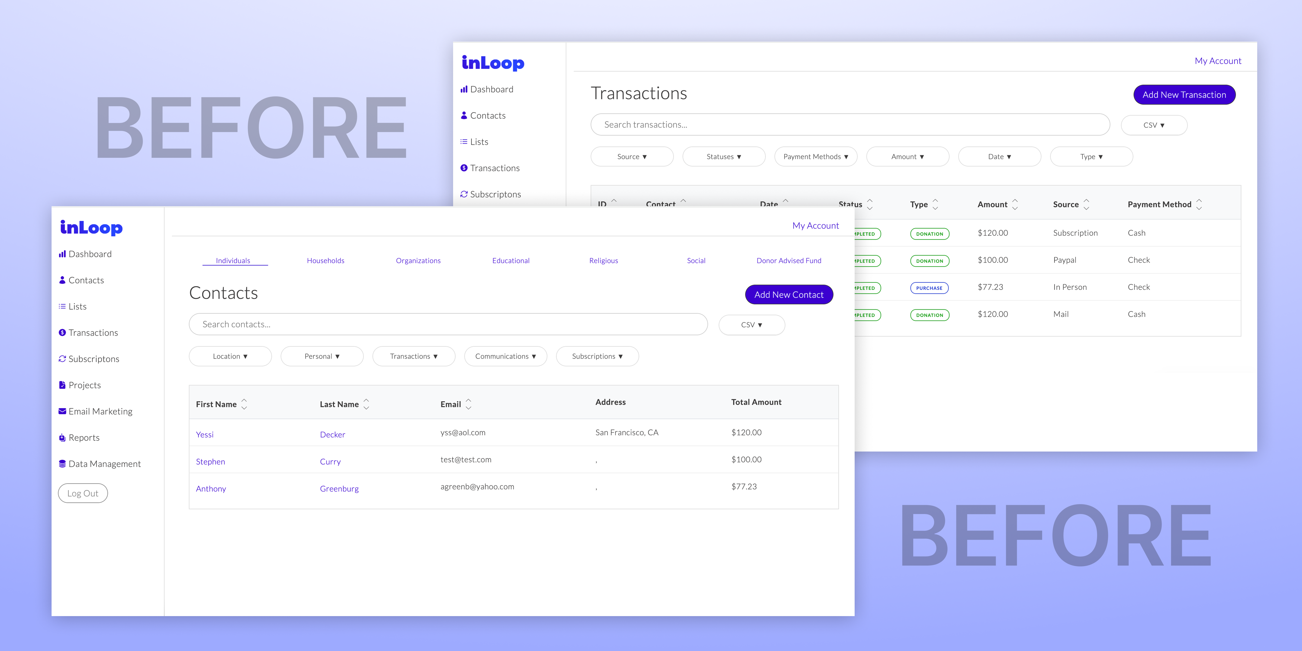 inLoop existing screens built by the technical founder