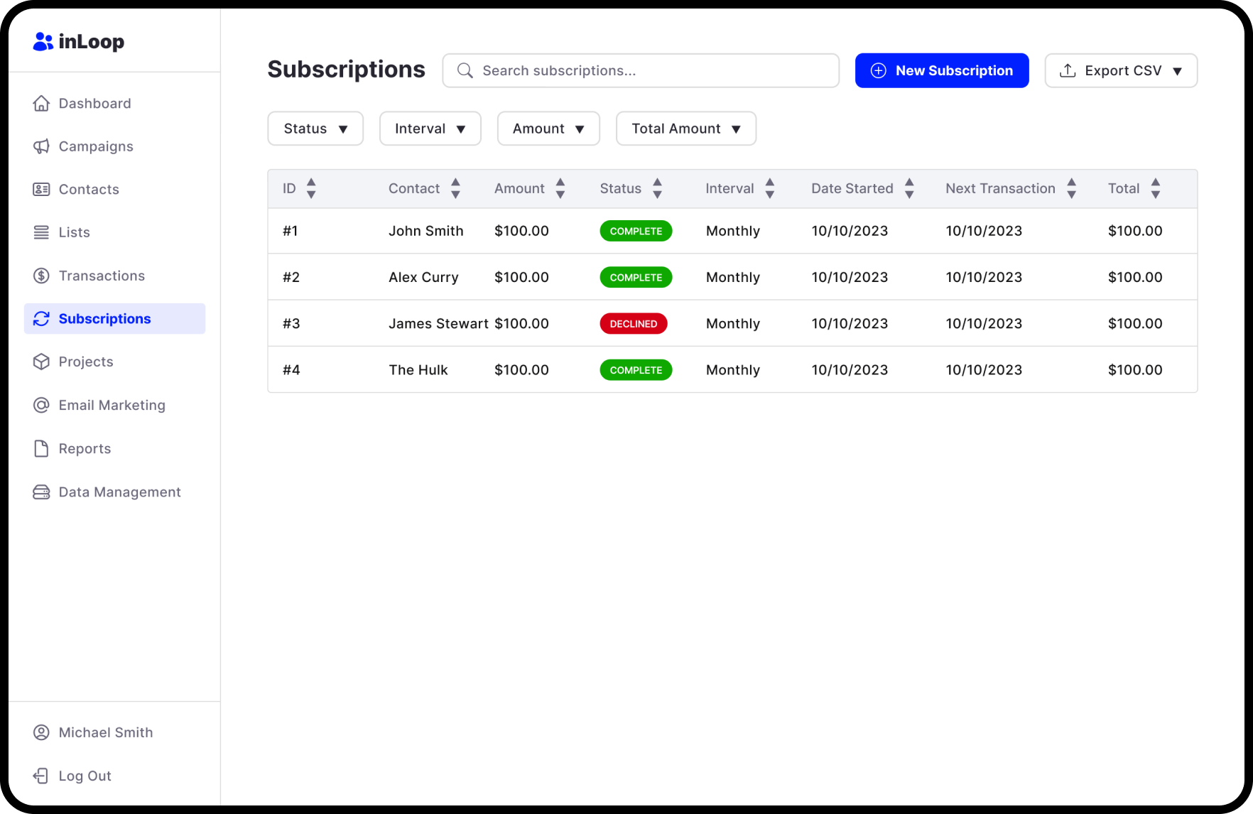 Subscriptions view