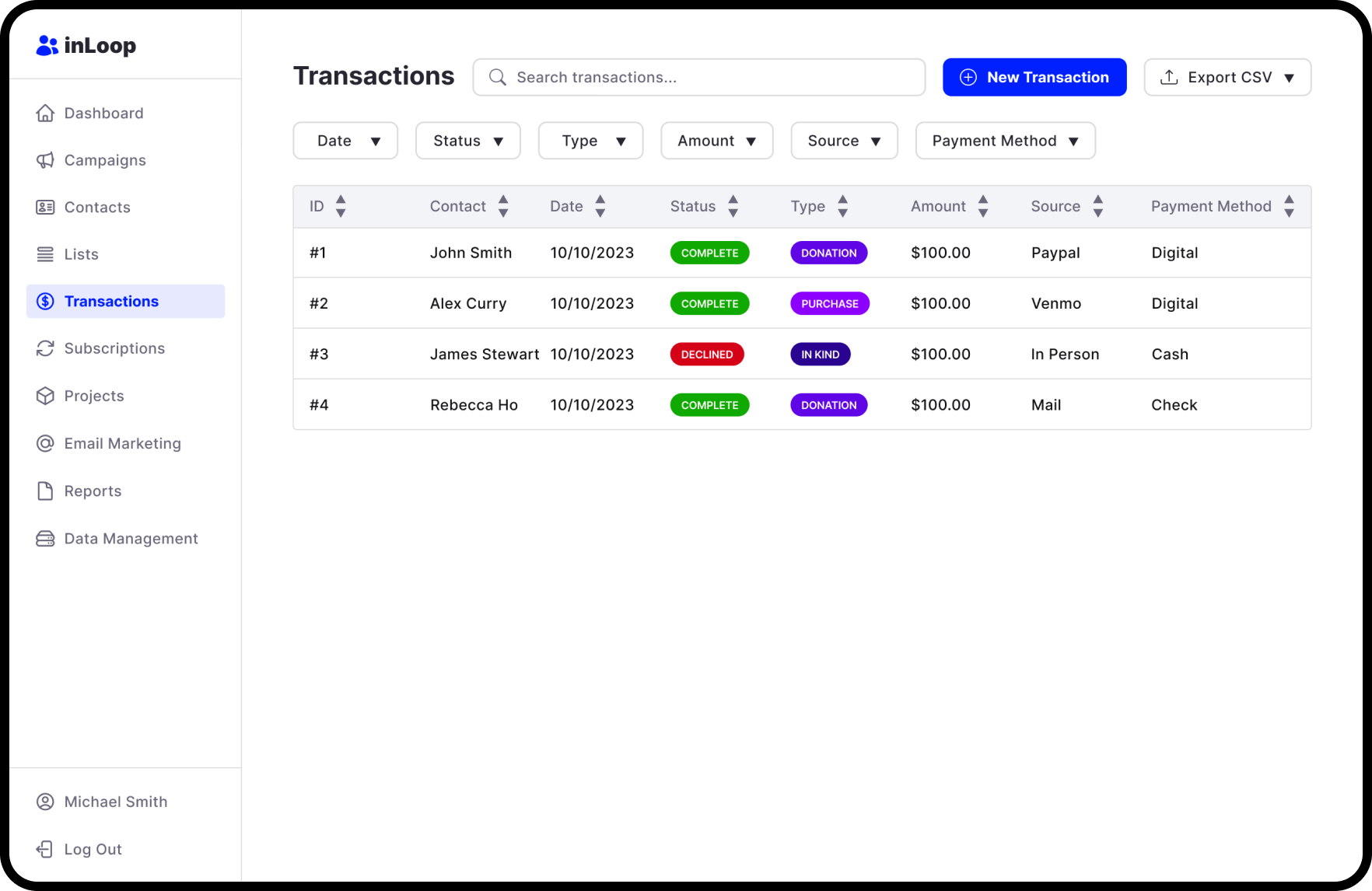 Transactions view
